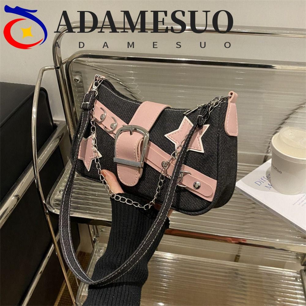 Adamesuo กระเป๋าสะพายสไตล์เกาหลี, Tote Bag Star Pattern Y2k Underarm Bag, Minimalist Handbag Chain Denim Tote Bag Portable