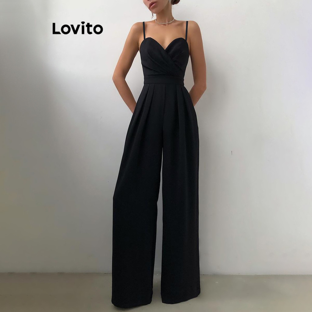 Lovito จั๊มสูทผู้หญิง แต่งจีบ สีพื้น สไตล์หรูหรา LNL41002