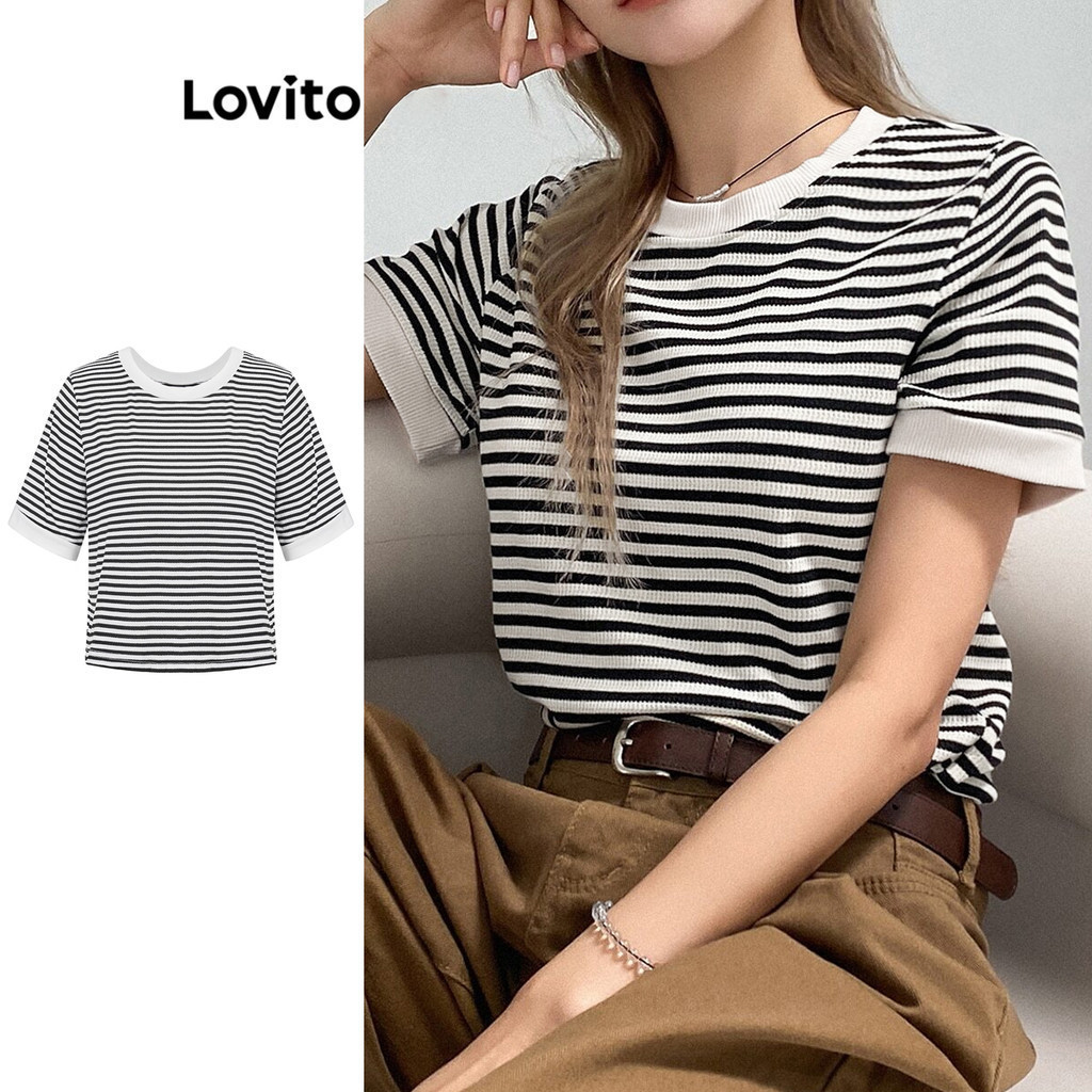 Lovito เสื้อยืดผู้หญิง ลายทาง แต่งขอบสี สไตล์ลำลอง L73AD016