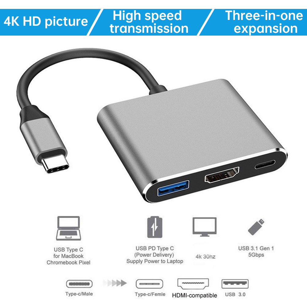 อะแดปเตอร์ฮับขยายสำหรับเชื่อมต่อแบบ 3-in-1 Type-c ถึง HDMI โปรเจ็กเตอร์คอมพิวเตอร์ความคมชัดสูง 4K