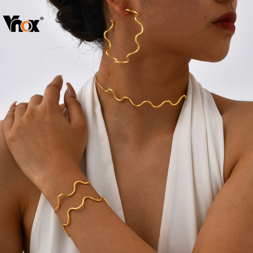 Vnox Wave Chain Bracelet,Minimalist 18K Gold Plated Wave Link Bracelet,Stainless Steel Jewelry Set