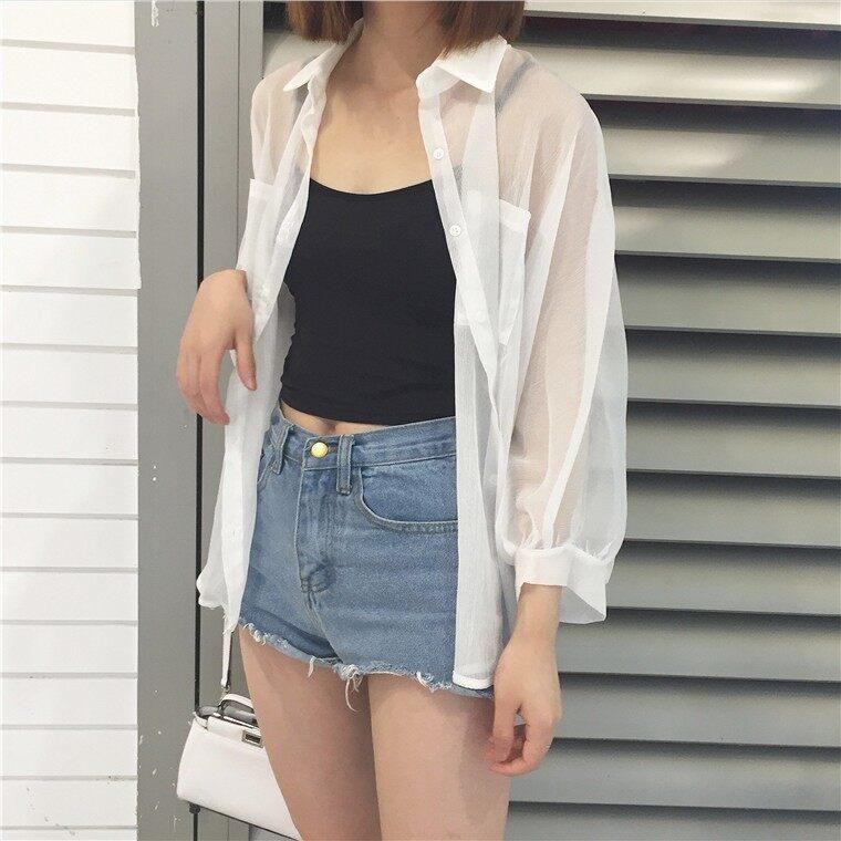 ohho 008 เสื้อคลุม เสื้อคลุม สไตล์เชิ้ต ผ้าชีฟองเนื้อดี แขนยาว ตัวใหญ่ มีกระเป๋า 2 ข้าง บางพลิ้ว ใส่สบาย