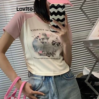 Lovito เสื้อยืดลําลอง ลายสัตว์ บล็อกสี สําหรับผู้หญิง LNA21288 (สีชมพู)