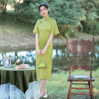 ชุดเดรสกี่เพ้ายาว แขนสั้น พลัสไซซ์ สไตล์จีนย้อนยุค สีเขียว สีเหลือง ไซซ์ S ถึง 3XL สําหรับผู้หญิง 2023