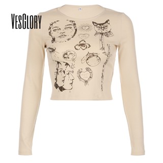 Vesglory เสื้อครอปท็อป แขนยาว คอกลม พิมพ์ลาย สีพื้น ทรงสลิมฟิต แฟชั่นสําหรับผู้หญิง 2023