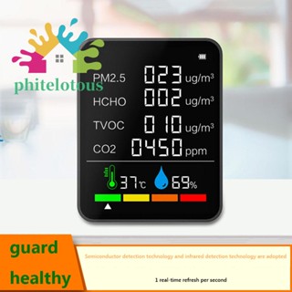 ❤ Phitelotous 6 in 1 เครื่องตรวจจับอุณหภูมิความชื้นดิจิทัล LCD CO2 TVOC HCHO PM2.5