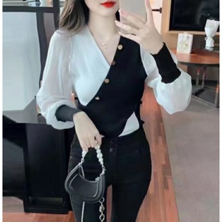 เสื้อแขนยาว คอวี ผ้าชีฟอง แบบถัก แฟชั่นทันสมัย สไตล์เกาหลี