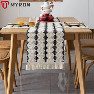 Myron ผ้าปูโต๊ะ ผ้าฝ้ายลินิน แต่งพู่ สีดํา 13x72 นิ้ว สไตล์วินเทจ สําหรับตกแต่งบ้านฟาร์ม ตู้เสื้อผ้า