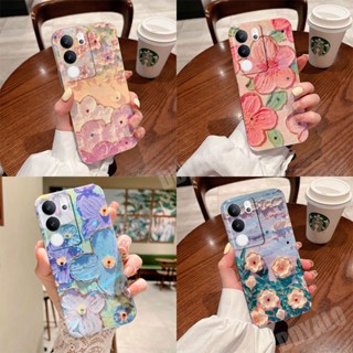 เคสโทรศัพท์มือถือ ซิลิโคนนิ่ม ลายภาพวาดสีน้ํามัน รูปดอกไม้ บลูเรย์ แวววาว สําหรับ Vivo V29 5G V27 V27E V27 V27E Pro 5G V29 5G