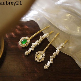 Aubrey1 กิ๊บติดผม ประดับมุก พลอยเทียม สีแดง สีฟ้า สไตล์เกาหลี สําหรับผู้หญิง