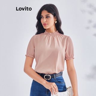 Lovito เสื้อเบลาส์ แต่งขอบ สม็อค สง่างาม เรียบง่าย สําหรับผู้หญิง LBE03076 (สีชมพู)