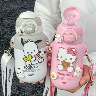 470ml Sanrio กระติกน้ำร้อนแก้ว 316 สแตนเลสเด็กถ้วยเก็บความเย็นพร้อมฟางน่ารัก Kuromi My Melody ถ้วยน้ำโรงเรียนกาต้มน้ำแบบพกพา M