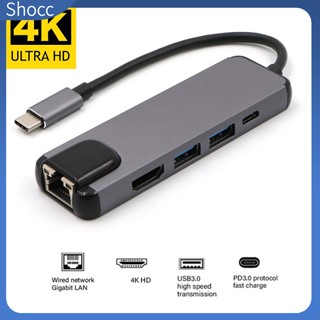 Shocc ฮับขยายพอร์ต Usb c เป็น Rj45 HD-MI Usb 3.0 Type c อีเธอร์เน็ตแลน 4k Thunderbolt 3 Usb-c