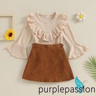 Purplepassion- ชุดเสื้อแขนยาว คอกลม ผ้าลูกฟูก และกระโปรง สีพื้น สําหรับเด็กผู้หญิง 2 ชิ้น