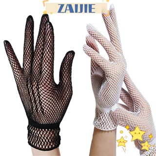 Zaijie24 ถุงมือตาข่าย ลูกไม้ สีขาว สีดํา สําหรับปาร์ตี้ งานแต่งงาน งานราตรี