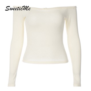 Sweeticme เสื้อยืดแขนยาว เปิดไหล่ ประดับโบว์ สีพื้น เซ็กซี่ เข้ากับทุกการแต่งกาย แฟชั่นสําหรับสตรี 2023