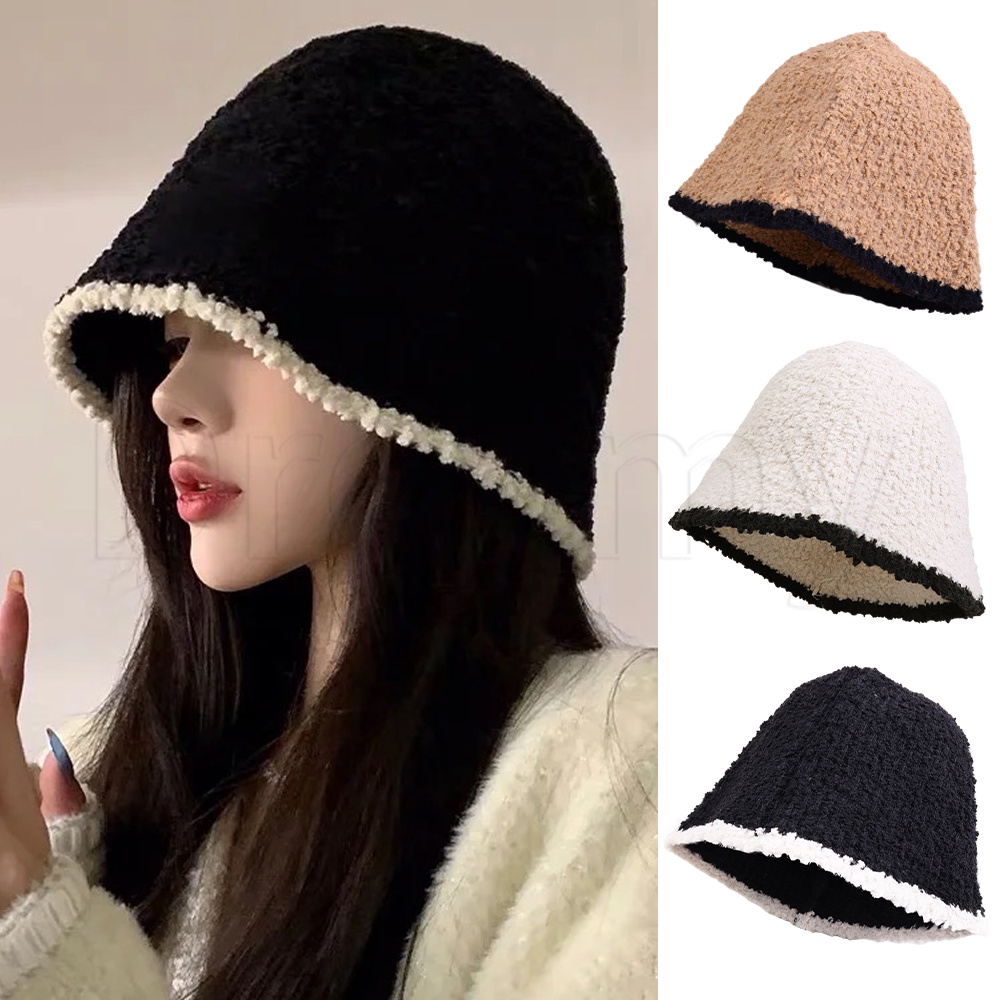 หมวกบักเก็ต ผ้าถัก แบบหนา แบบนิ่ม ป้องกันลม ให้ความอบอุ่น สีพื้น แฟชั่นฤดูหนาว สไตล์เกาหลี สําหรับผู้หญิง