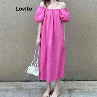 Lovito ชุดเดรสแขนพัฟ เปิดไหล่ ลําลอง แบบเรียบ สําหรับผู้หญิง LNE16210 (สีชมพูสุดฮิต)