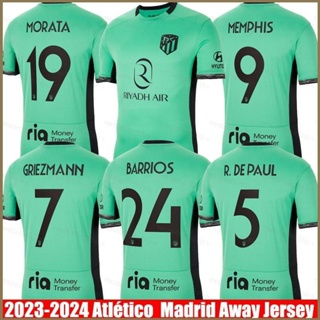 Qy 2023-2024 เสื้อยืดลําลอง แขนสั้น พิมพ์ลาย Atletico Madrid Third Away Jersey Morata Barrios Griezmann Memphis DePaul Koke พลัสไซซ์