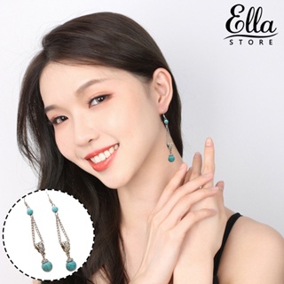 Ellastore123 ต่างหูตะขอ ประดับลูกปัดเทอร์ควอยซ์เทียม พู่ยาว กันแพ้ สไตล์วินเทจ 1 คู่