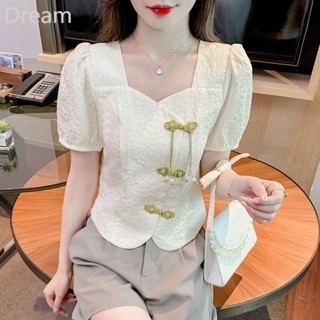 Womens short-sleeved shirt summer new fashion bubble sleeve design sense Xiaozhong new Chinese style buckle top for women