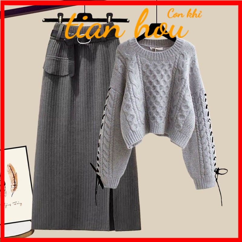 เสื้อกันหนาวกระโปรง เอวสูง พลัสไซซ์ สไตล์เกาหลี สําหรับสตรี สองชิ้น UX72