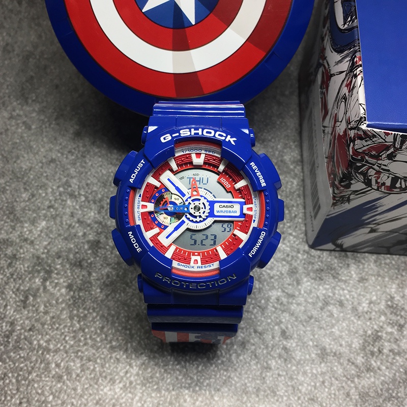 ของแท้ นาฬิกาข้อมือ ลายกัปตันอเมริกา G-SHOCK Avengers Limited Edition GA-110CA สีฟ้า