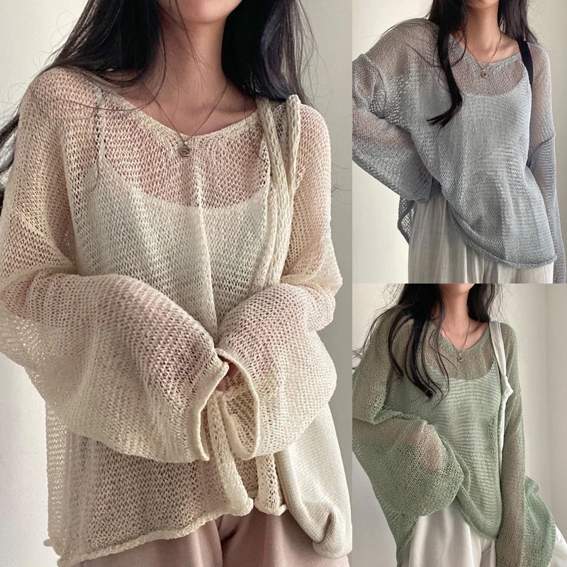 Dahong 💖 เสื้อถักแขนยาวผู้หญิง เกาหลีบางกลวงครีมกันแดดถัก สีทึบ สไตล์เกาหลี 512