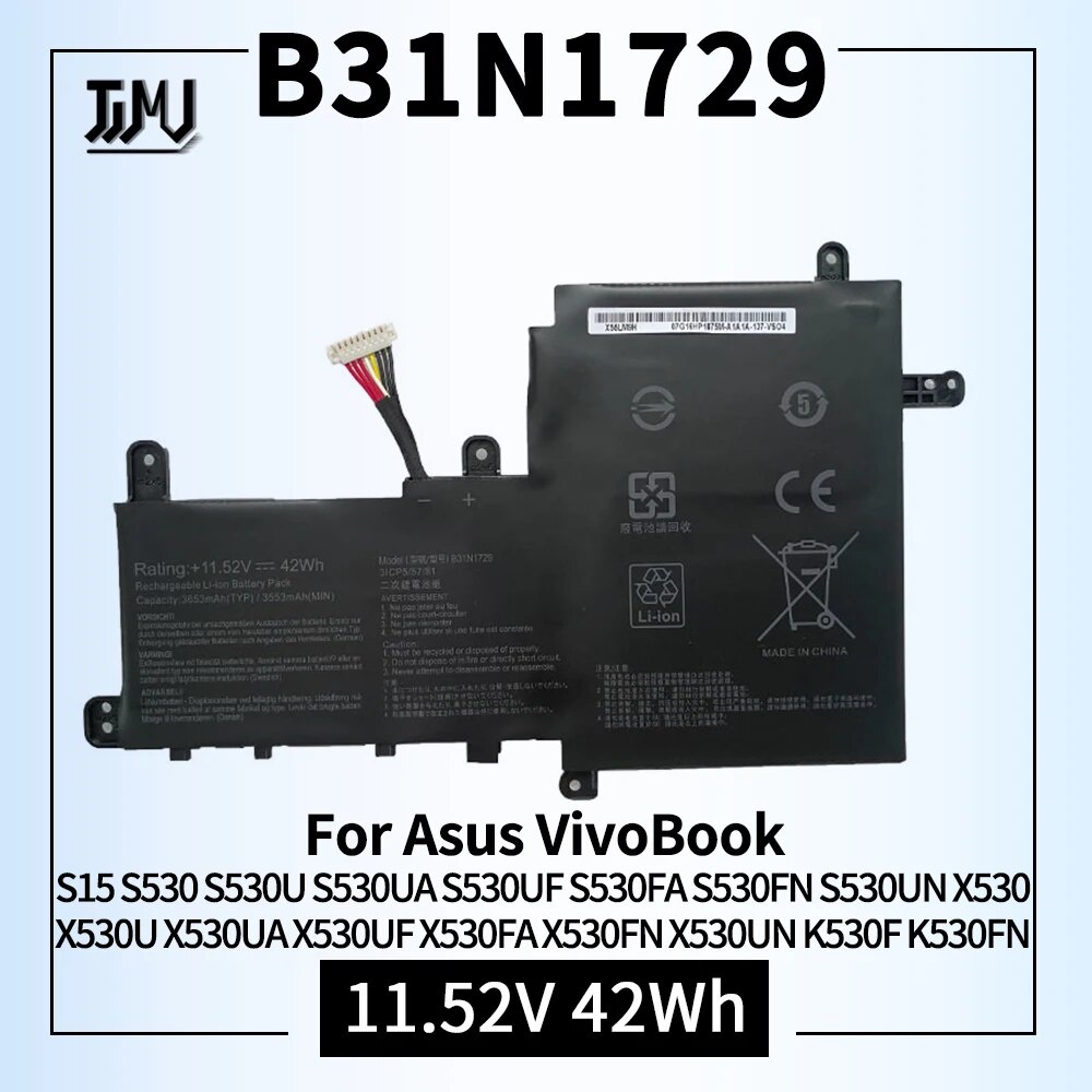 แบตเตอรี่แล็ปท็อป B31N1729    Asus VivoBook S15 S530 S530U S530UA S530UF S530FA S530FN S530UN X530 X