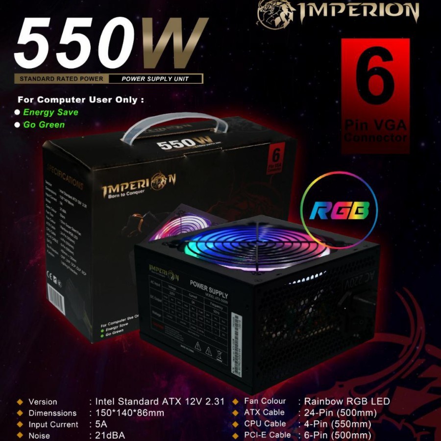 พาวเวอร์ซัพพลาย PSU Imperion P500 550W LED VGA 6pin RGB