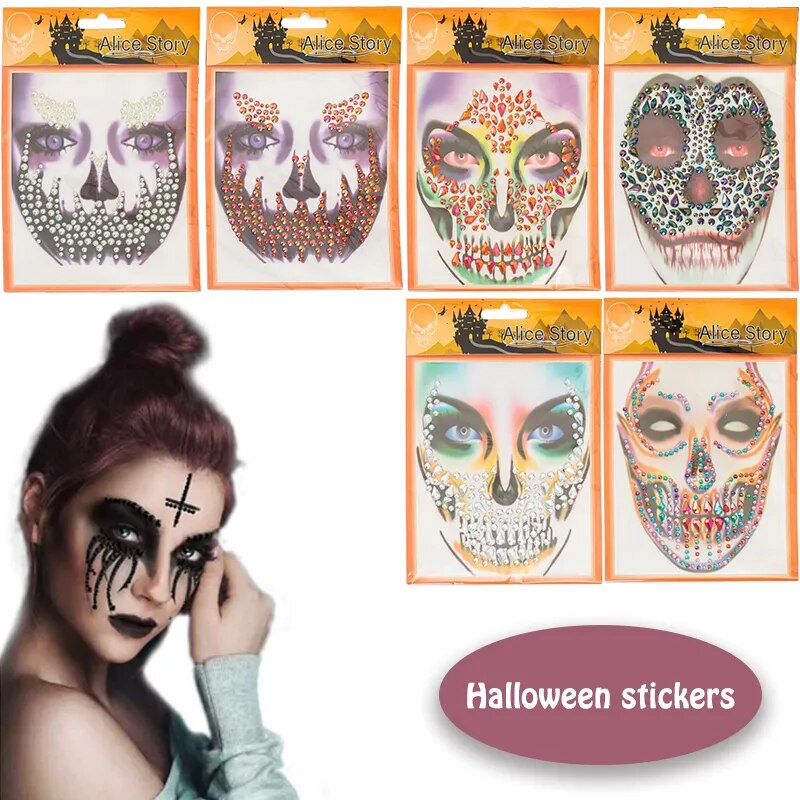3D Acrylic Halloween Face Stickers Glitter Fake Tattoo Sticker Masquerade Christmas Cosplay Party Fa