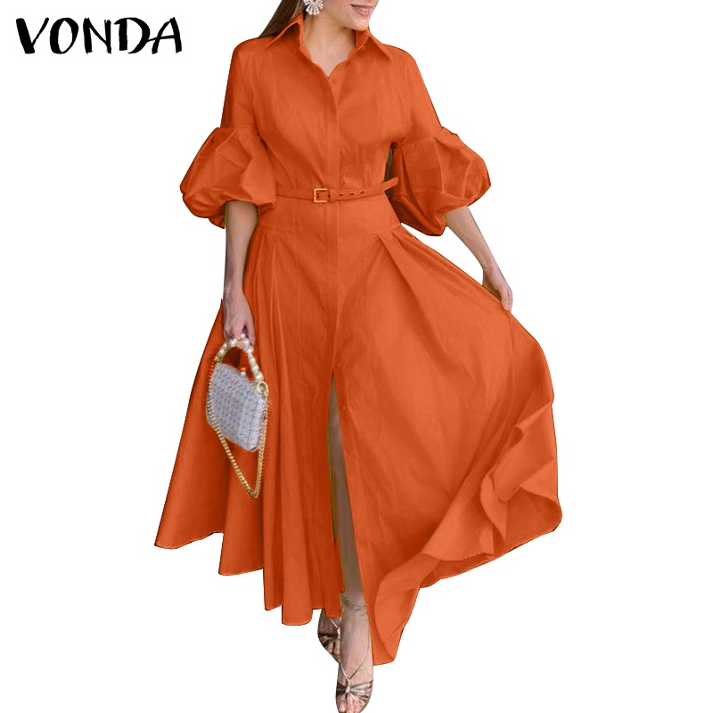 Vonda ชุดเดรสยาวแขนพองวินเทจสําหรับผู้หญิง (เข็มขัดไม่มี)
