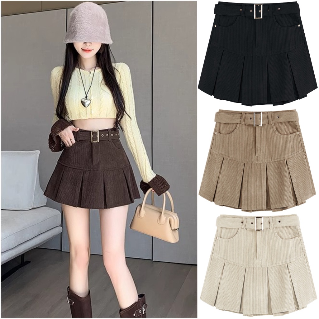 พร้อมส่ง   กระโปรงเทนนิส ผ้าลูกฟูก แถมเข็มขัด มีซับใน  แฟชั่นสไตล์สาวเกาหลี