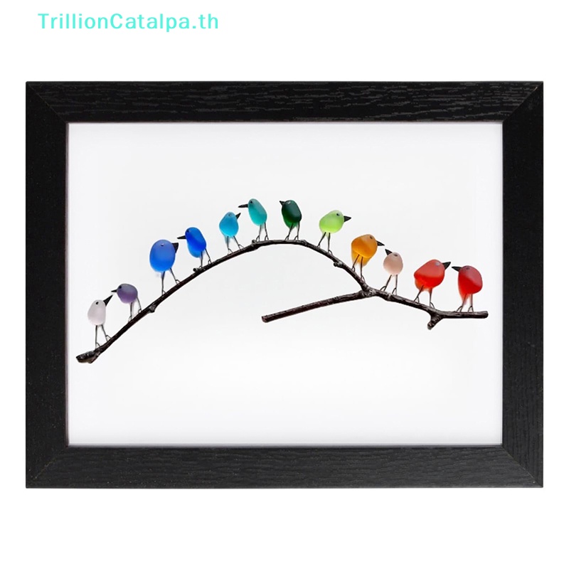 Trillioncatalpa Sea Glass Rain Birds,Rain Bird Wall Decor,Mini Sea Glass Desk Art,Natural Sea Glass &amp; Drift Picture,Framed Unique TH