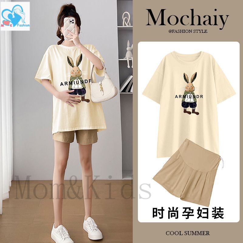 Mom&kids ชุดเสื้อเชิ้ต ผ้าฝ้าย และกางเกง สําหรับหญิงตั้งครรภ์