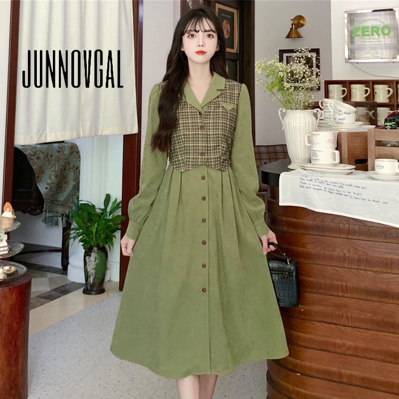 Junnovgal ใหม่ ชุดเดรสยาว แขนยาว คอปก สีพื้น แฟชั่นสําหรับสตรี 2023