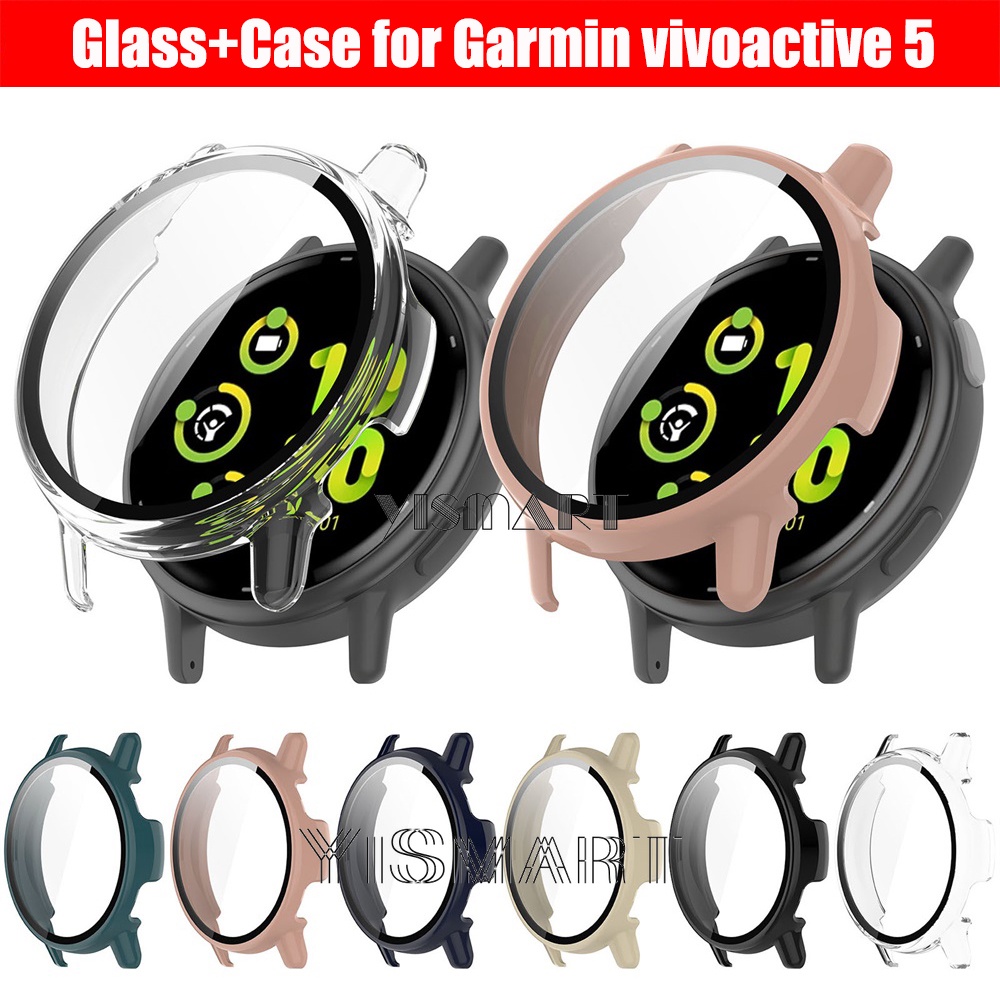 กระจก + เคส สําหรับ Garmin VivoActive 5 อุปกรณ์เสริมพีซี ฝาครอบป้องกันกันชน รอบด้าน + ตัวป้องกันหน้าจอ สําหรับ Garmin Active 5