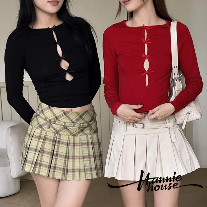 เสื้อยืดแขนยาว คอกลม ประดับโบว์ แบบรูกลวง สําหรับผู้หญิง