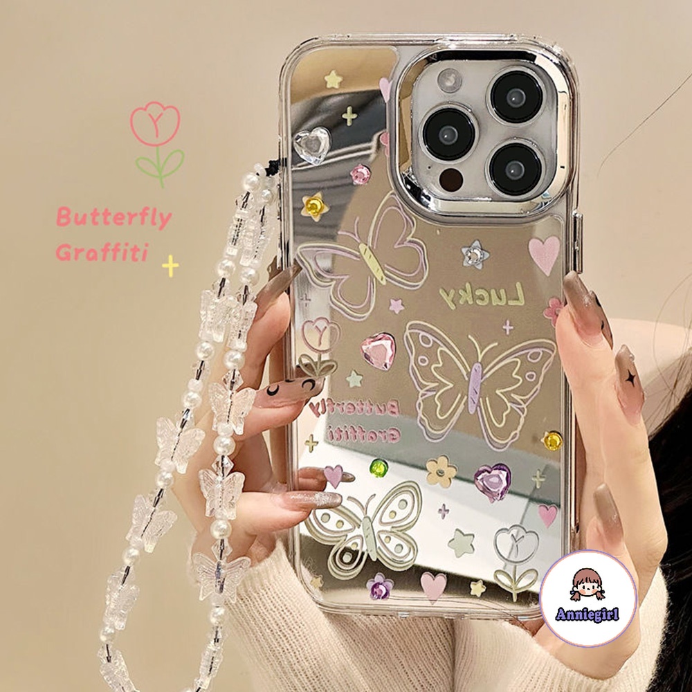 แฟชั่นสร้อยข้อมือผีเสื้อโซ่กระจกเคสโทรศัพท์สําหรับiphone 11 15 16 Pro Max 12 14 13 ProMax XS XRสติกเกอร์เพชรAnti-Dropนุ่มโทรศัพท์ปกหลัง