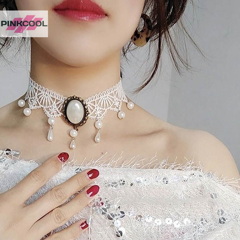 Pinkcool โกธิค ลูกไม้สีดํา สําหรับผู้หญิง สาวโบโฮ คริสตัล มุก เซ็กซี่ ลูกไม้ โช้กเกอร์ พังก์ สไตล์โลลิต้าเข้ม เครื่องประดับฮาโลวีน ขายดี