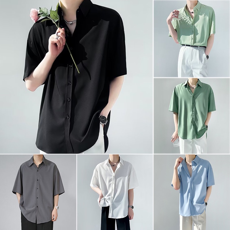 เสื้อเชิ้ตแขนสั้นลําลอง ผ้าเรยอน สีขาว สไตล์เกาหลี สําหรับผู้ชาย มี 6 สี