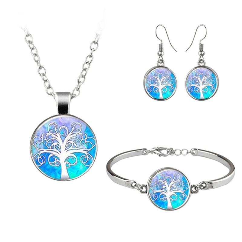 LE น่ารัก Tree Of Life Art Photo ชุดเครื่องประดับ Cabochon จี้แก้วสร้อยคอต่างหูสร้อยข้อมือ 4 ชิ้นผู้