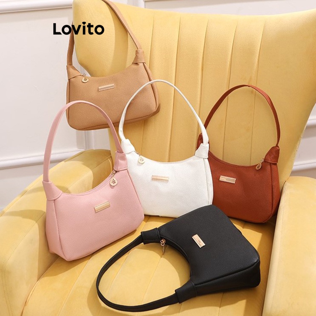 Lovito กระเป๋าถือ กระเป๋าสะพายไหล่ มีซิป จุของได้เยอะ สีเรียบ สไตล์ลำลอง สำหรับผู้หญิง LFA11581