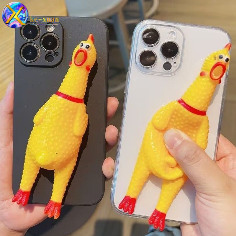 ไก่กรีดร้องขนาดเล็กเหมาะสําหรับ iPhone16 13 11 14promax 13pro xR 16plus เคสโทรศัพท์ Soft Case 12 Decompression กดสามารถทําให้ไก่กรีดร้อง ROQQ