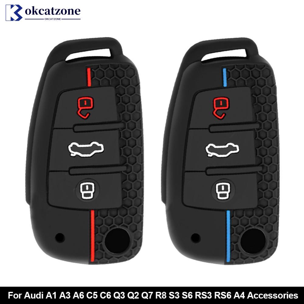 Okcatzone เคสกุญแจรีโมตรถยนต์ ซิลิโคน 3 ปุ่ม อุปกรณ์เสริม สําหรับ Audi A1 A3 A6 C5 C6 Q3 Q2 Q7 R8 S3 S6 RS3 RS6 A4 F4Y7