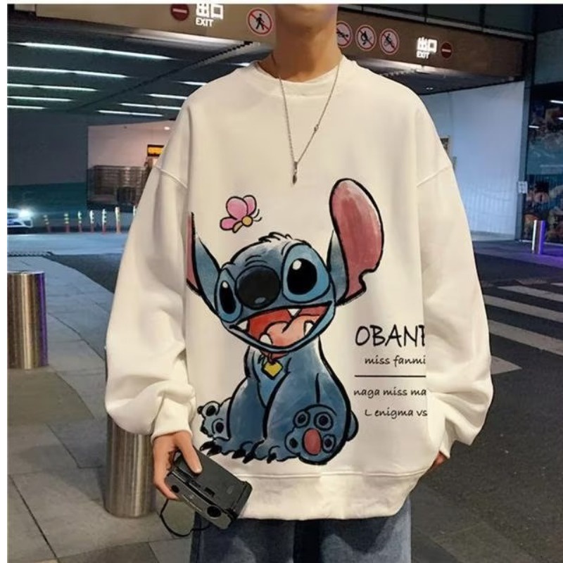 เสื้อกันหนาวแขนยาว คอกลม แบบสวมหัว ทรงหลวม ลาย Stitch สไตล์เรโทร แฟชั่นสําหรับผู้ชาย และผู้หญิง