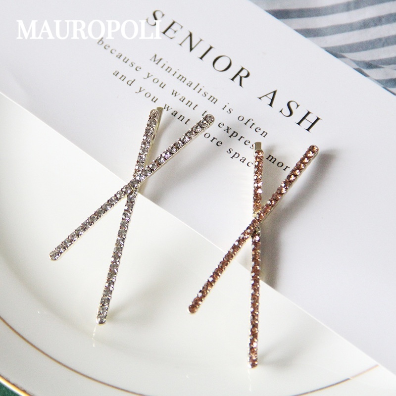 MAUROPOLI [คลังสินค้าพร้อม] Simple All-Match Rhinestone Alloy Flat Clip X Bangs Side Clip Hairpin เครื่องประดับผมเกาหลี Headdress