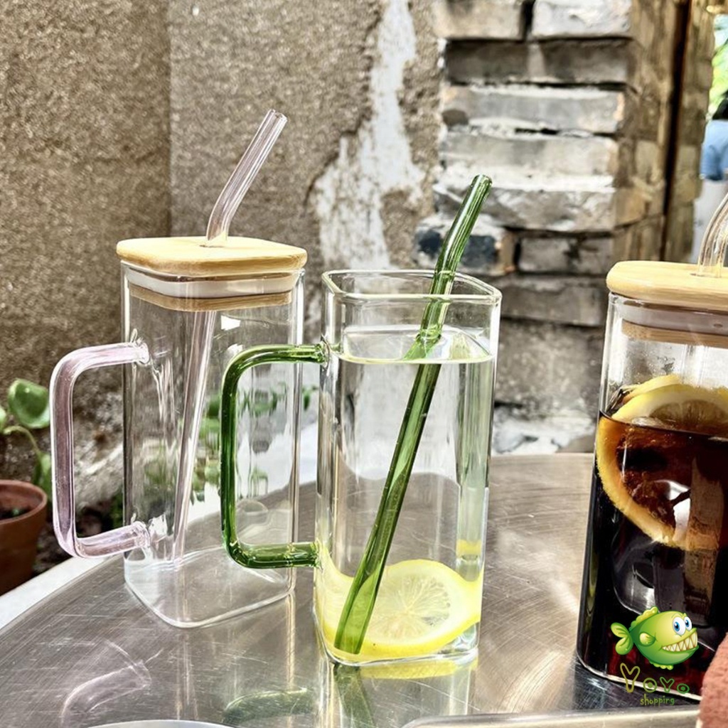 YOYO แก้วทรงสี่เหลี่ยม พร้อมฝาปิด และ หลอดดูด  ถ้วยน้ำผลไม้  400ml Glass coffee cup