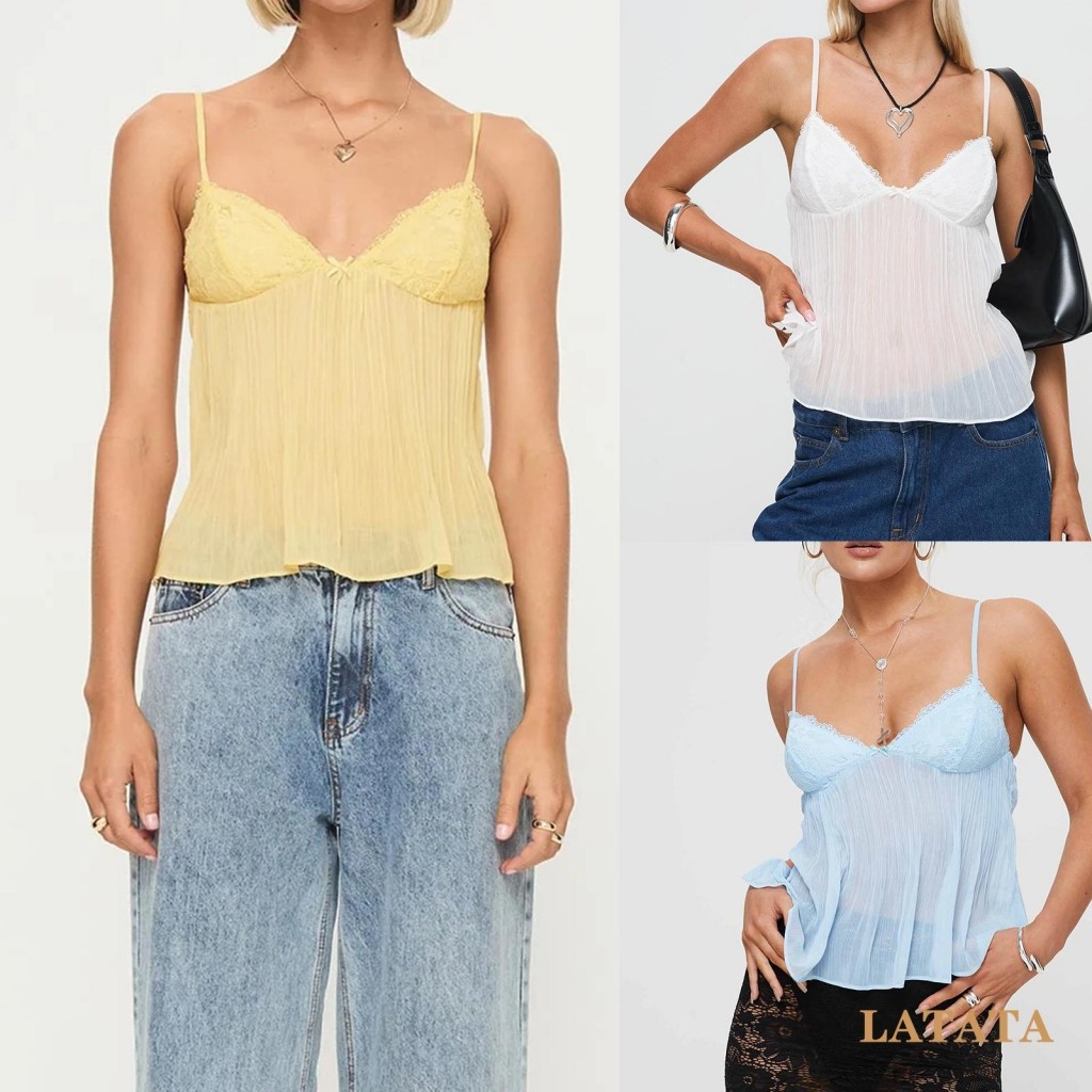 (จัดส่งในกรุงเทพฯ)Latata -เสื้อชั้นในสตรีจับจีบมินิกุทัณฑ์ด้านหน้าสปาเก็ตตี้คอวีลูกไม้เสื้อครอป
