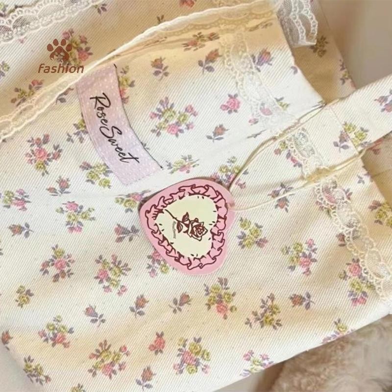 [แฟชั่น] ความจุขนาดใหญ่ Fragmented Flowers Pattern Tote Bag Fashion Sweet With Lace Bow Storage Handbags Canvas Handbag {TH}